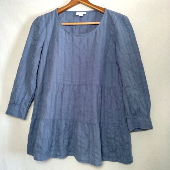 J Jill Blouse XS Blue Lightweight Woven Cotton Tiered Long Sleeve Pullover - Picture 1 of 8